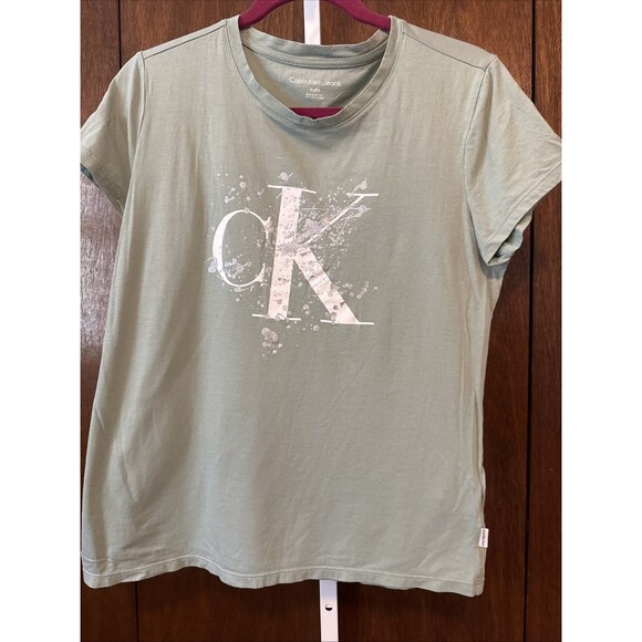 CALVIN KLEIN WOMENS SHORT SLEEVE Tee Sage Sz XL Lg Logo - Picture 1 of 5